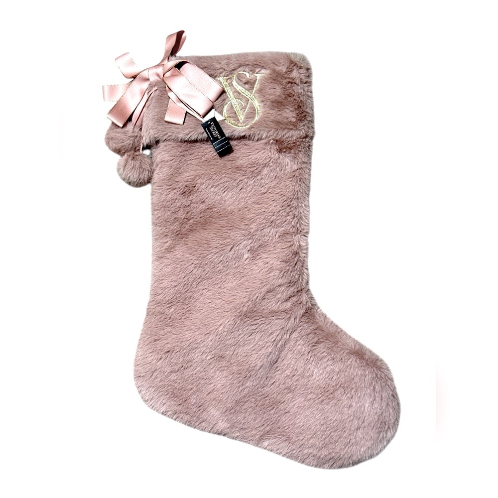 Victorias Secret Faux Fur Christmas Stocking Pink Gold Monogram Logo Satin Bow